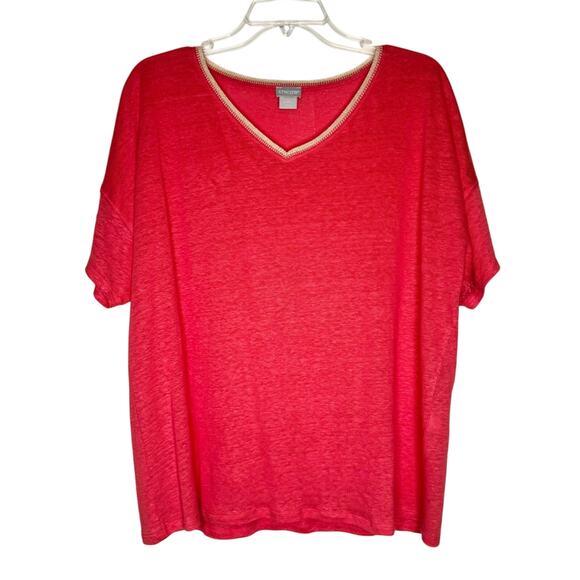 Chico's Linen Sweater Trim Pullover Relaxed Tee In Coral Pink Size 2 [US Large] - Picture 4 of 10